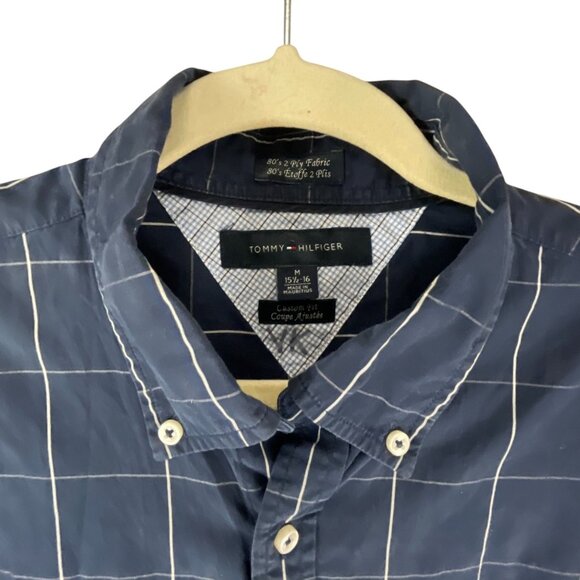 Tommy Hilfiger Men's Navy Blue Button-Down Shirt Windowpane Size M Cotton Blend - Picture 4 of 8